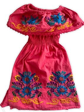 Girls Off-Shoulder Embroidered Pink Dress